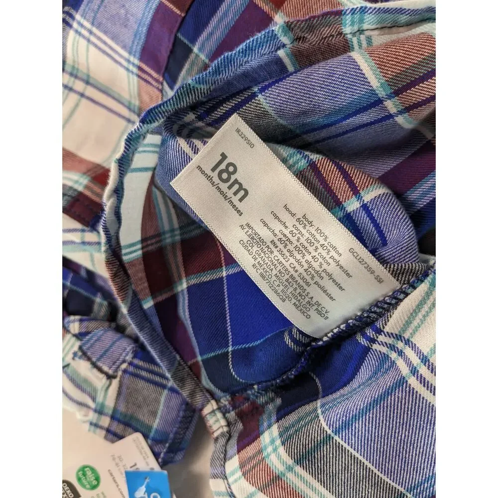 NWT Carter's Baby Boy 18 months Plaid Hooded‎ Button-Front Shirt Stylish Toddler